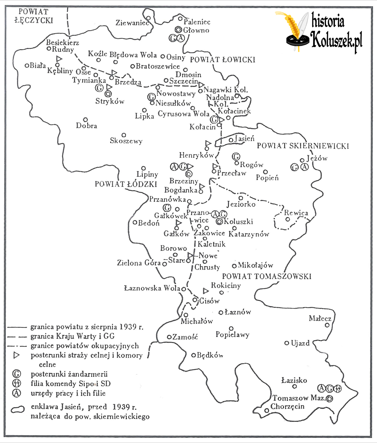 Mapa podziału przedwojennego powiatu brzezińskiego przez niemiecką administrację